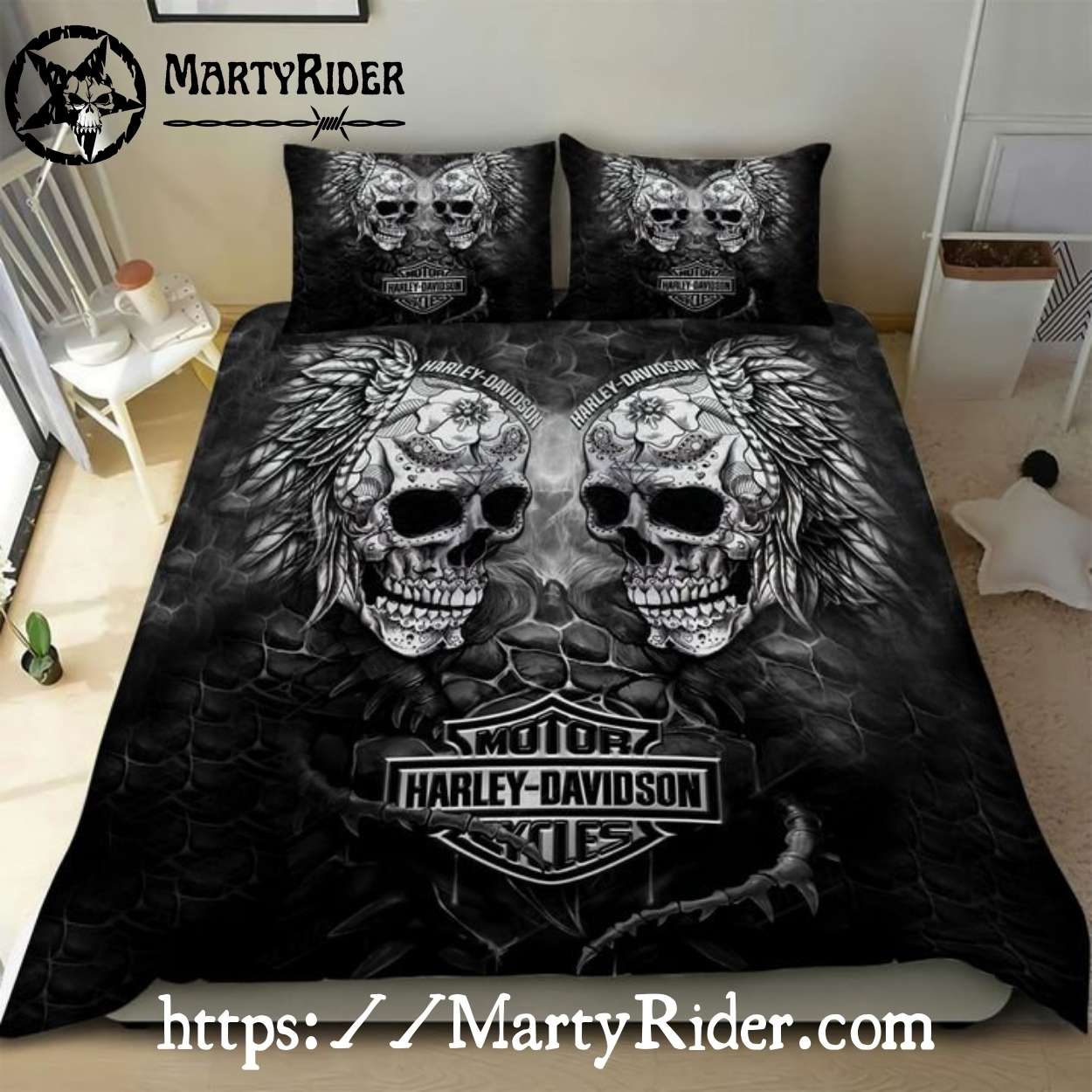 Twin Skulls Feather Harley Davidson Bedding Sets Gothic Twin Skulls Feather Harley Davidson Bedding Sets Gothic