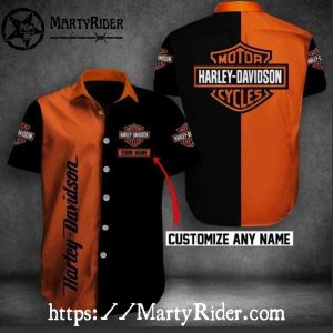 Two-Tone Orange And Black Harley Davidson Aloha Shirt Custom Name