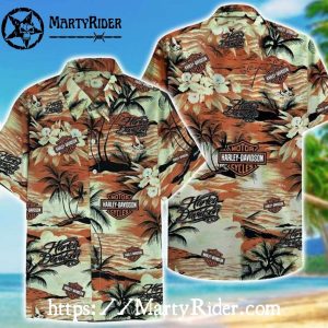 Vintage Desert Palm Harley Davidson Hawaiian Shirt Red Tan