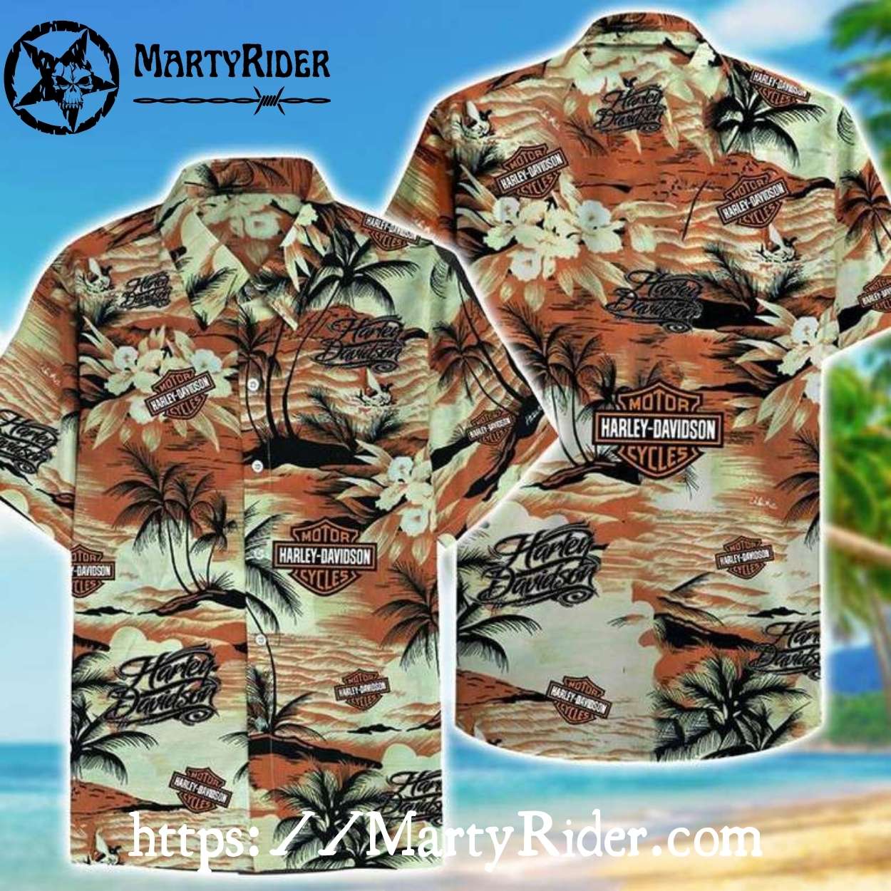 Vintage Desert Palm Harley Davidson Hawaiian Shirt Red Tan Vintage Desert Palm Harley Davidson Hawaiian Shirt Red Tan