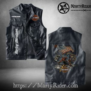 Vintage Harley Davidson Leather Vest Wolf Flag Biker