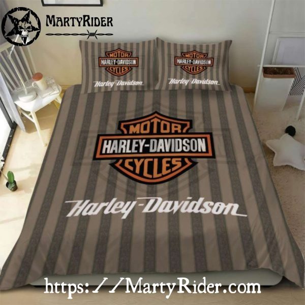 Vintage Stripe Logo Harley Davidson Bedding Sets Retro Brown