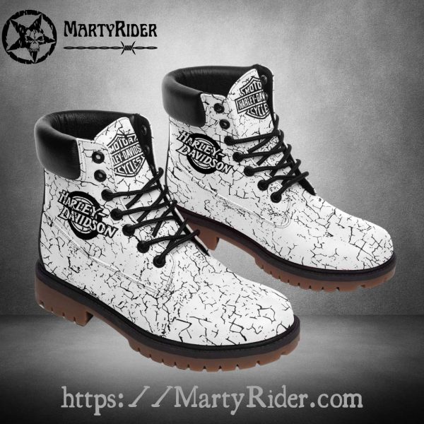 White Crackle Pattern Harley Davidson Timberland Boots