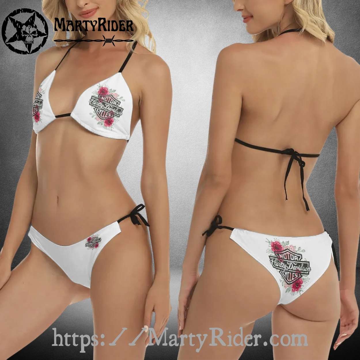 White Floral Harley Davidson Bikinis with Rose Print White Floral Harley Davidson Bikinis with Rose Print