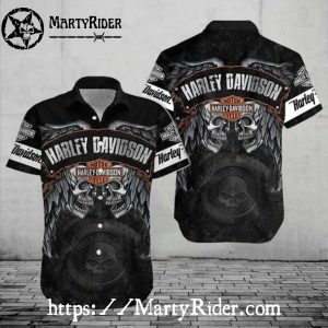 Winged Skull Harley Davidson Aloha Shirt With Dark Tattoo Style