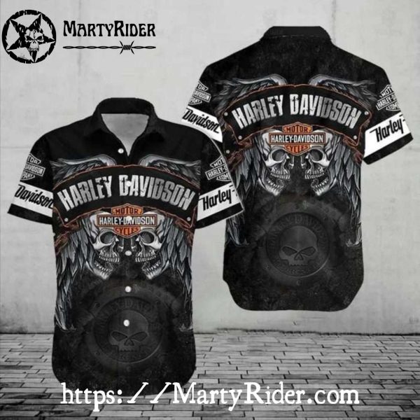 Winged Skull Harley Davidson Aloha Shirt With Dark Tattoo Style