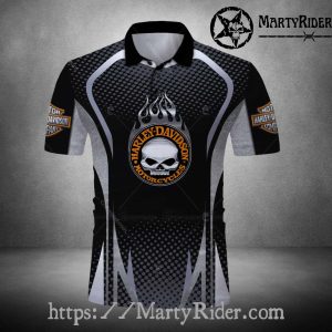 Black Flame Skull Harley Davidson Polo Shirt