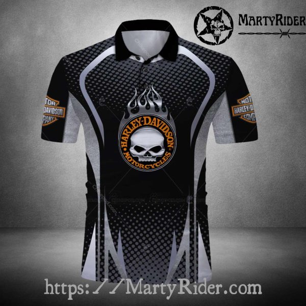 Black Flame Skull Harley Davidson Polo Shirt