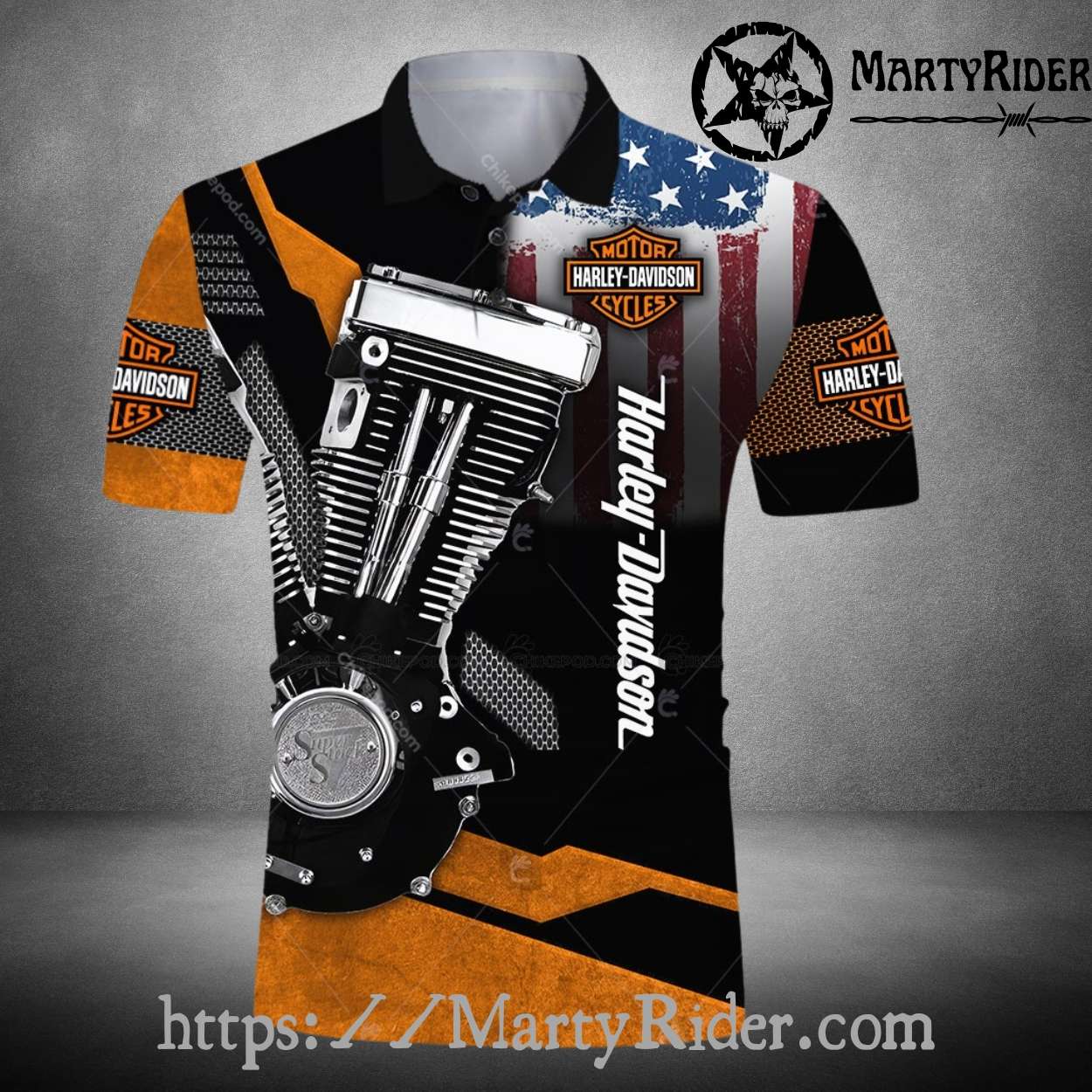 Engine American Flag Harley Davidson Polo Shirt Engine American Flag Harley Davidson Polo Shirt