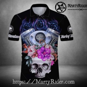 Floral Skull Engine Harley Davidson Polo Shirt