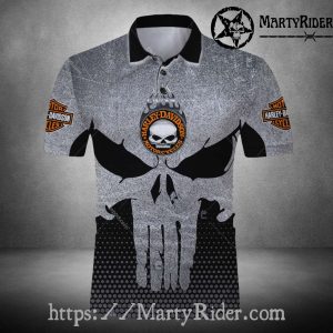 Gray Punisher Skull Harley Davidson Polo Shirt