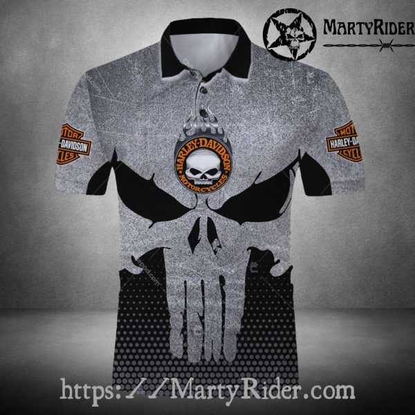 Gray Punisher Skull Harley Davidson Polo Shirt