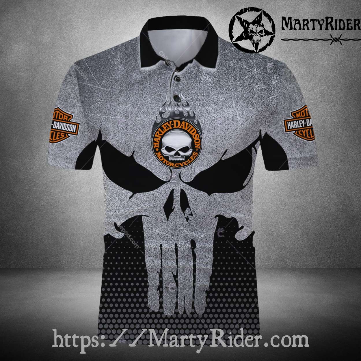 Gray Punisher Skull Harley Davidson Polo Shirt Gray Punisher Skull Harley Davidson Polo Shirt