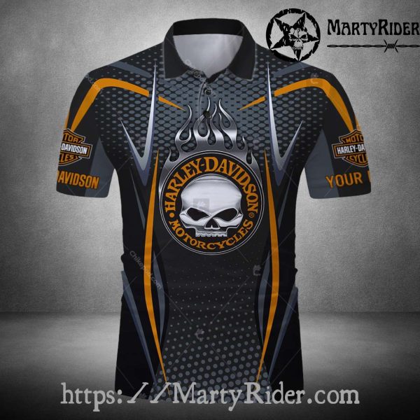 Orange Trim Skull Harley Davidson Polo Shirt