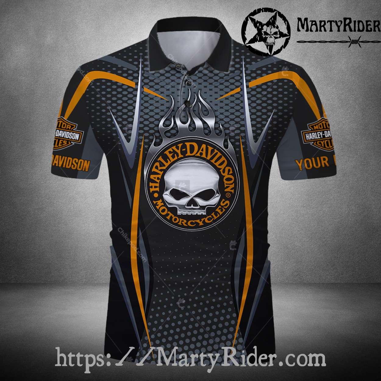 Orange Trim Skull Harley Davidson Polo Shirt Orange Trim Skull Harley Davidson Polo Shirt
